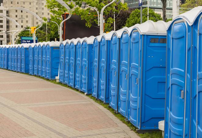 a fleet of portable restrooms ready for use at a large outdoor wedding or celebration in Basehor, KS